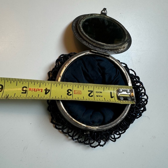Antique Art Deco Blue Iridescent tassel beaded mirror pouch~Silver Repousse Lid - Picture 10 of 10